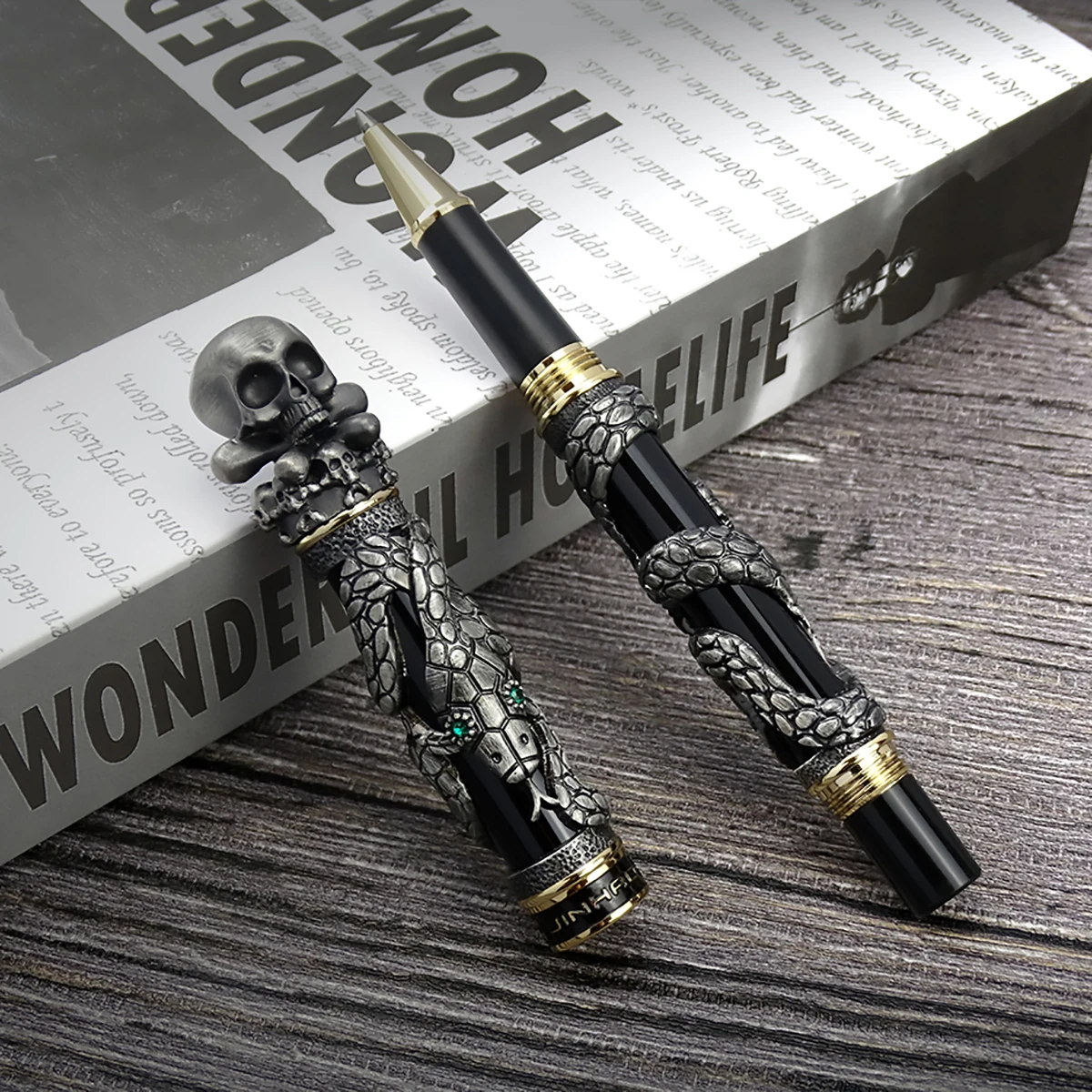 Vintage Collectible Pens - Jinhao-パーソナライズされたコイルボール,スケルトン,ユニークな金属ポイント,上質な0.5mm,アンティークグレーのオフィスギフト
